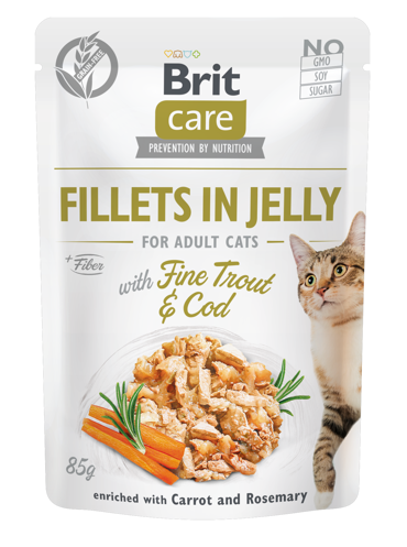 Brit Care® Cat Pouches Fillets In Jelly Fine Trout & Cod with Carrot & Rosemary 85gr
