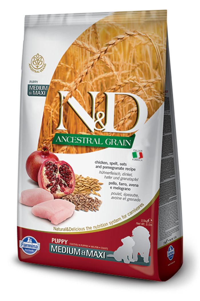 Farmina Ancestral Grain Puppy Med & Maxi Xira Trofi me Lig Sitira ga Koutabia Mesaion & Meglosomon Fulon me Kotopoulo kai Rodi 12Kg