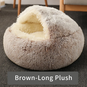 Στρογγυλό Κρεβάτι Γάτας & Κουταβιού Long Plush με Σπηλιά – Καφέ 50x12cm